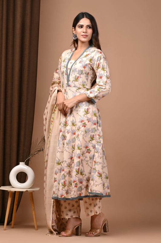 Traditional Hand Block Anarkali Suit Set in Pure Cotton
