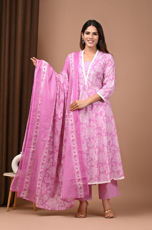 Soft Pink Hand Block Printed Cotton Anarkali Kurta Set with Dupatta –