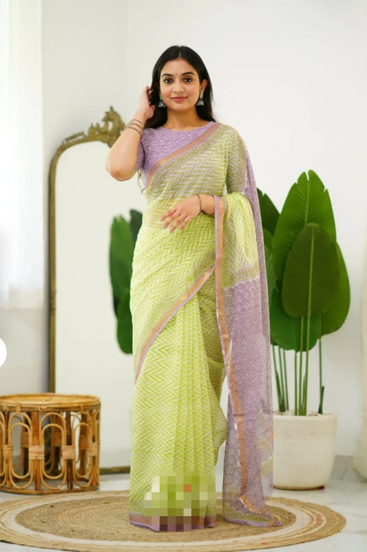 Kota Doriya Saree with Dabu Print and Blouse Piece