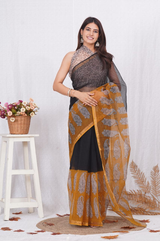 Kota Doriya Saree with Ajrak Block Print Blouse