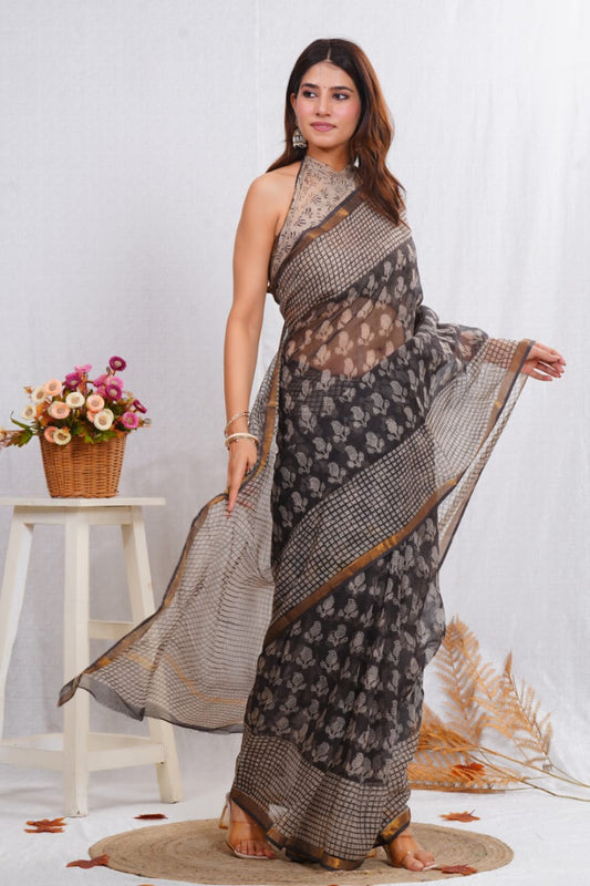 Handcrafted Kota Doriya Saree with Ajrak Print