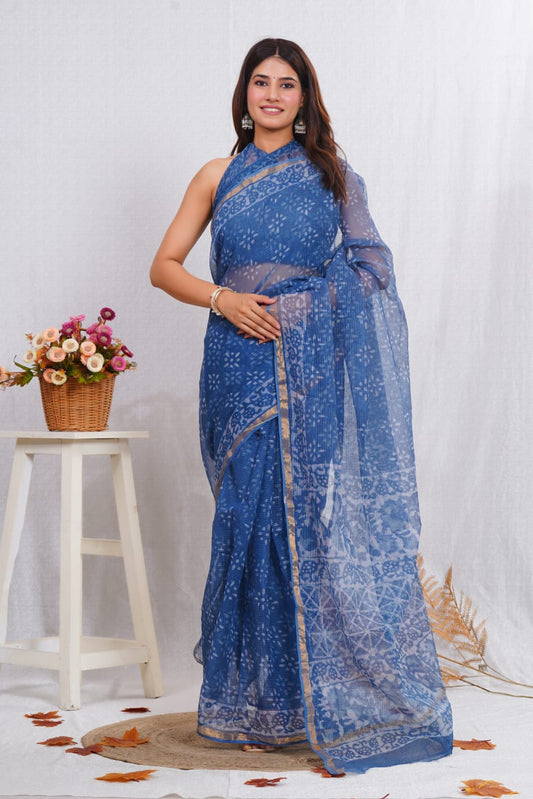 Stylish Kota Doriya Saree with Bagru Block Print