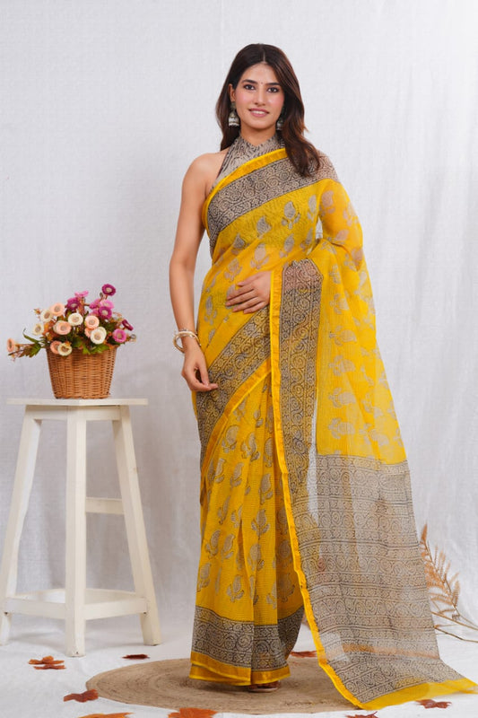 yellow kota doriya saree buy