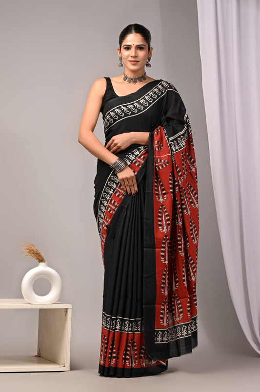 Authentic Indian block printed mulmul saree in cotton.