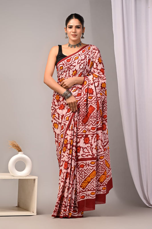 Heritage-inspired pure cotton mulmul saree, soft finish.