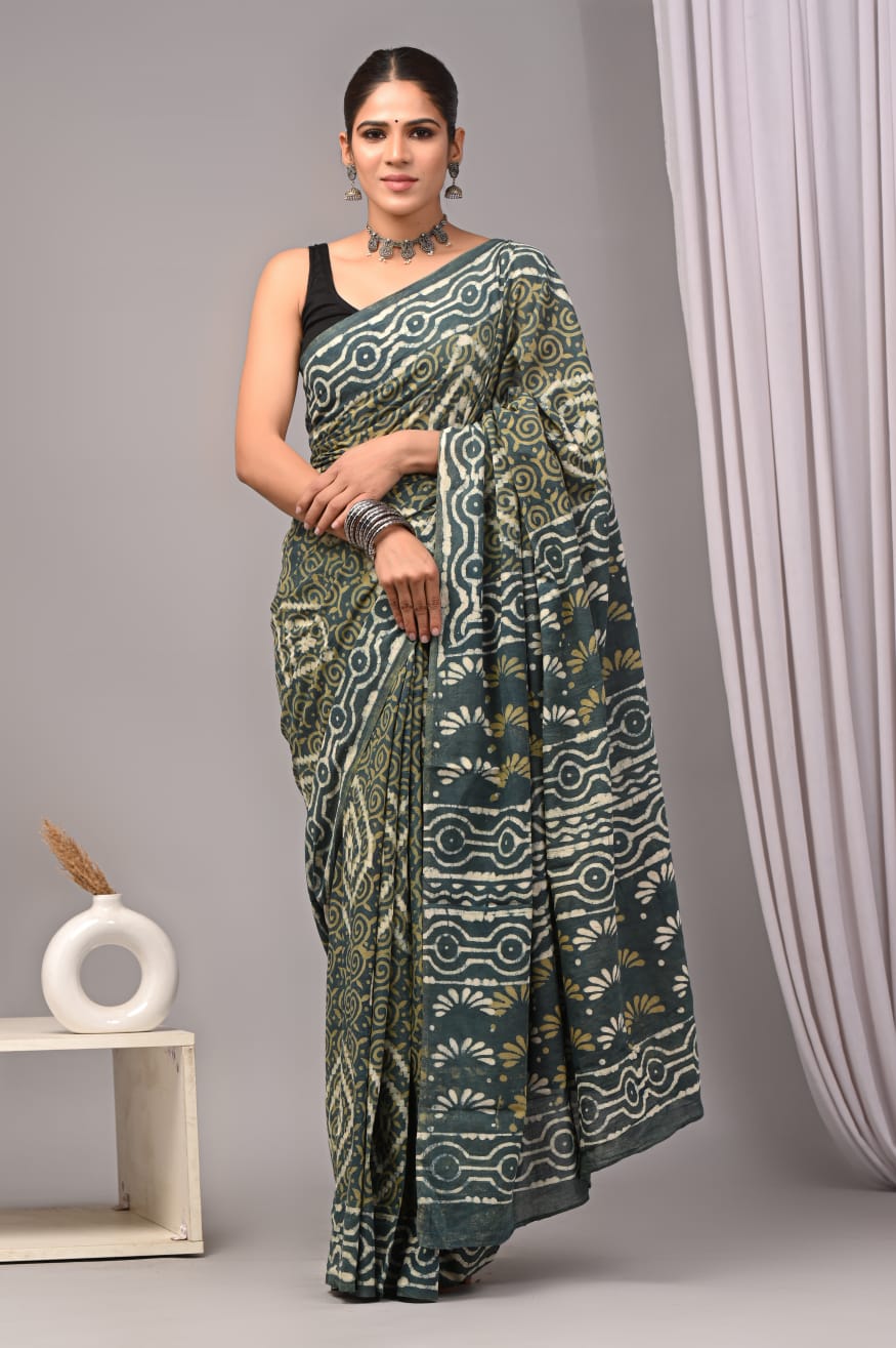 Traditional hand block printed cotton saree in style.