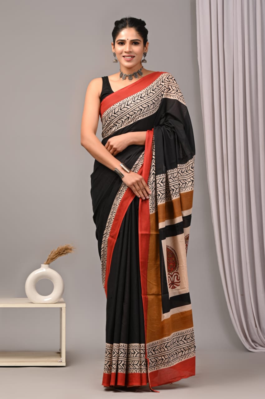 Cotton mul saree with fine artisanal handcraft.