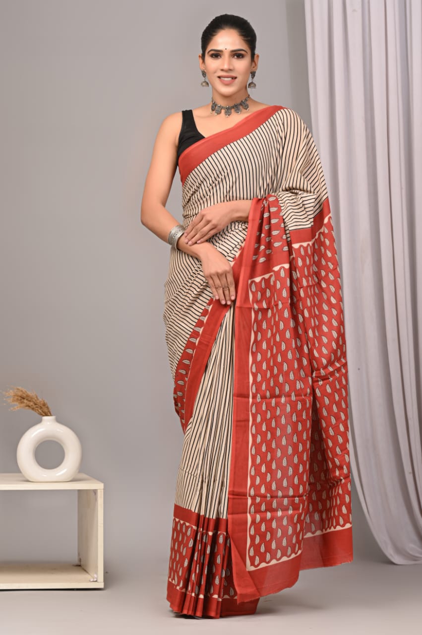 Block-detailed mul cotton saree with stylish essence.
