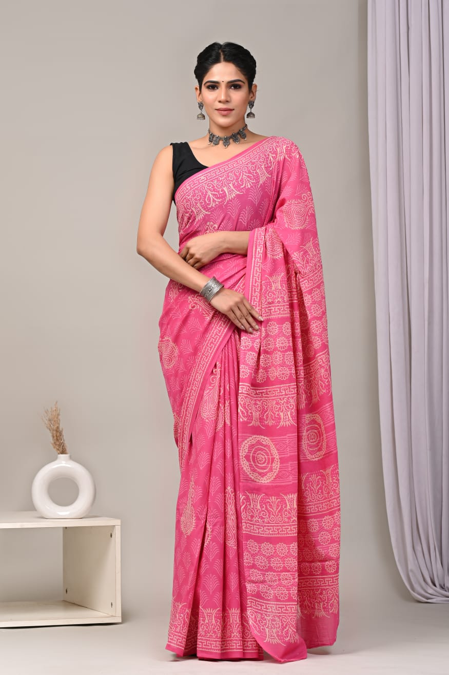 Modern yet ethnic mul cotton saree with block design.