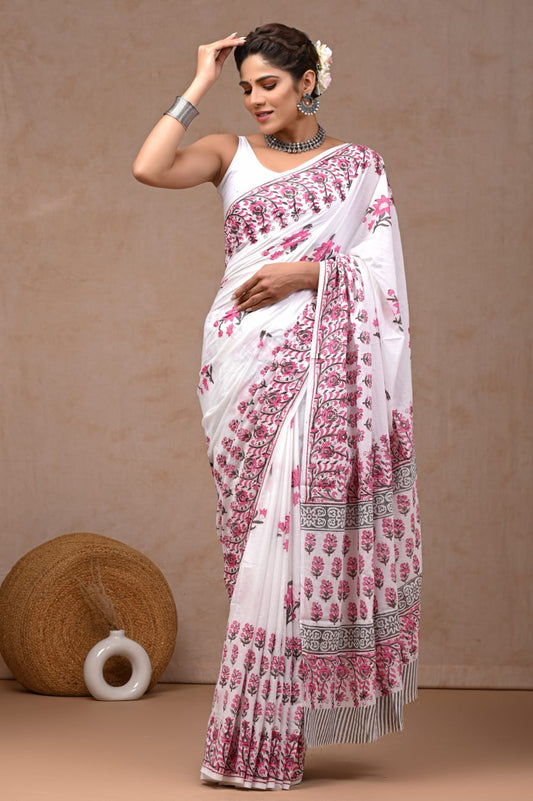 Eco-friendly cotton mul saree, breathable natural weave.