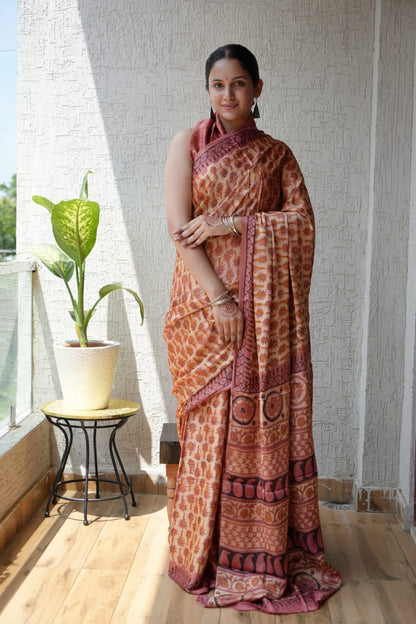 Pure Silk Saree – Ajrakh Block Design