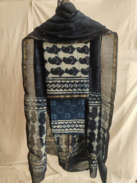 Hand Block Chanderi Silk Suit Material Set