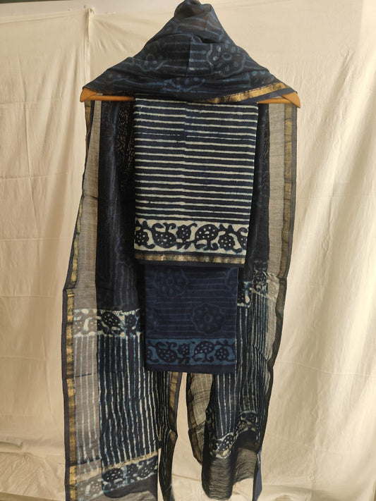 Hand Block Chanderi Silk Suit Material Set