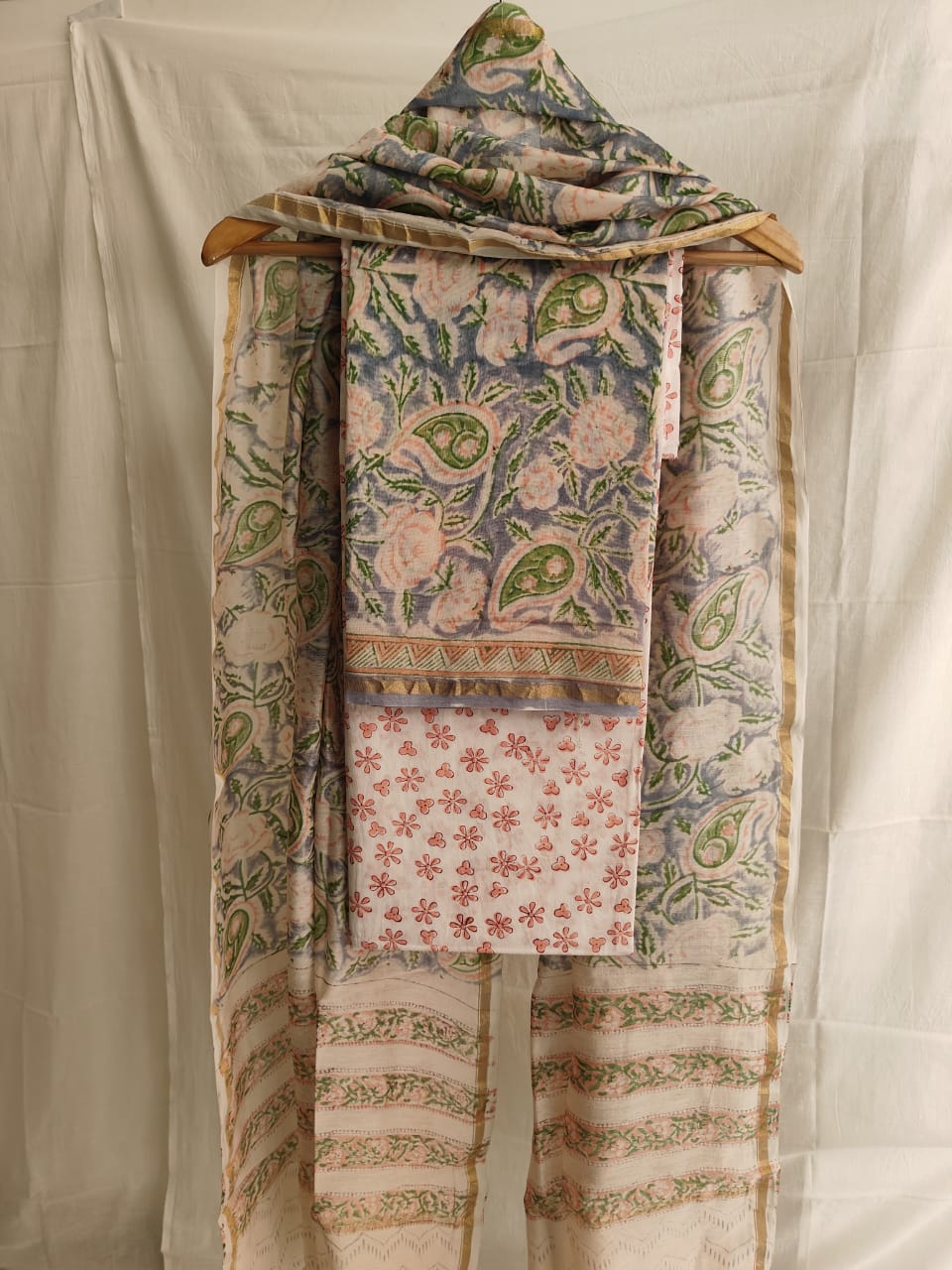 Hand Block Chanderi Silk Suit Material Set