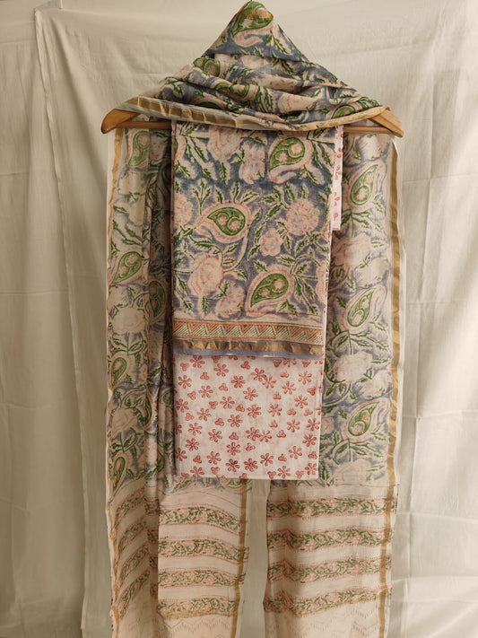 Hand Block Chanderi Silk Suit Material Set