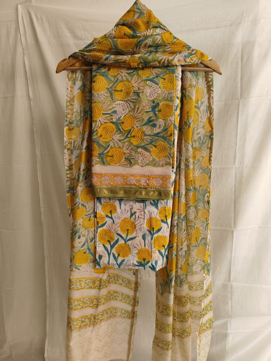 Hand Block Chanderi Silk Suit Material Set