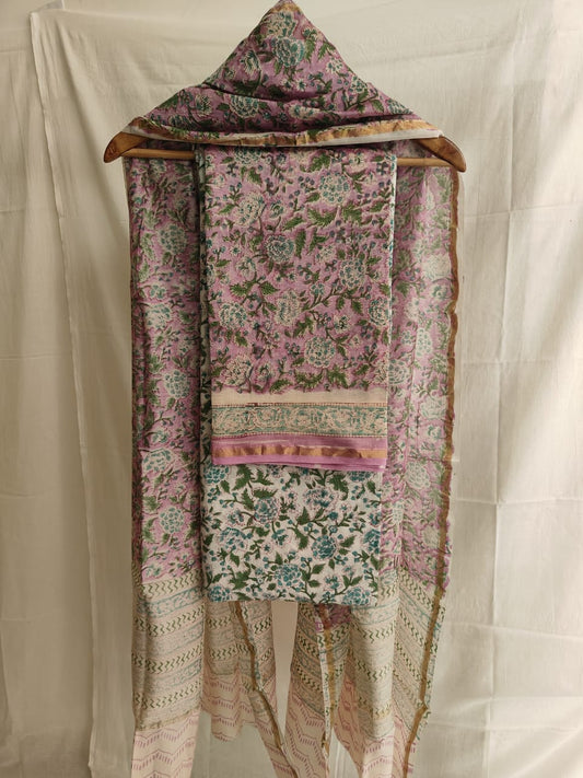 Hand Block Chanderi Silk Suit Material Set