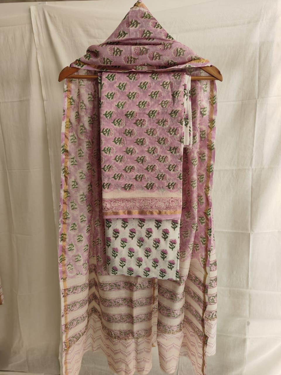 Hand Block Chanderi Silk Suit Material Set