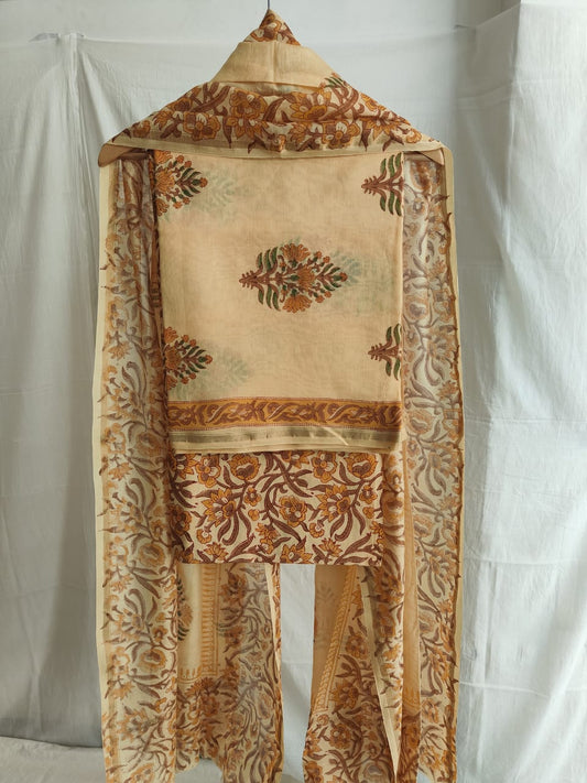 Hand Block Chanderi Silk Suit Material Set