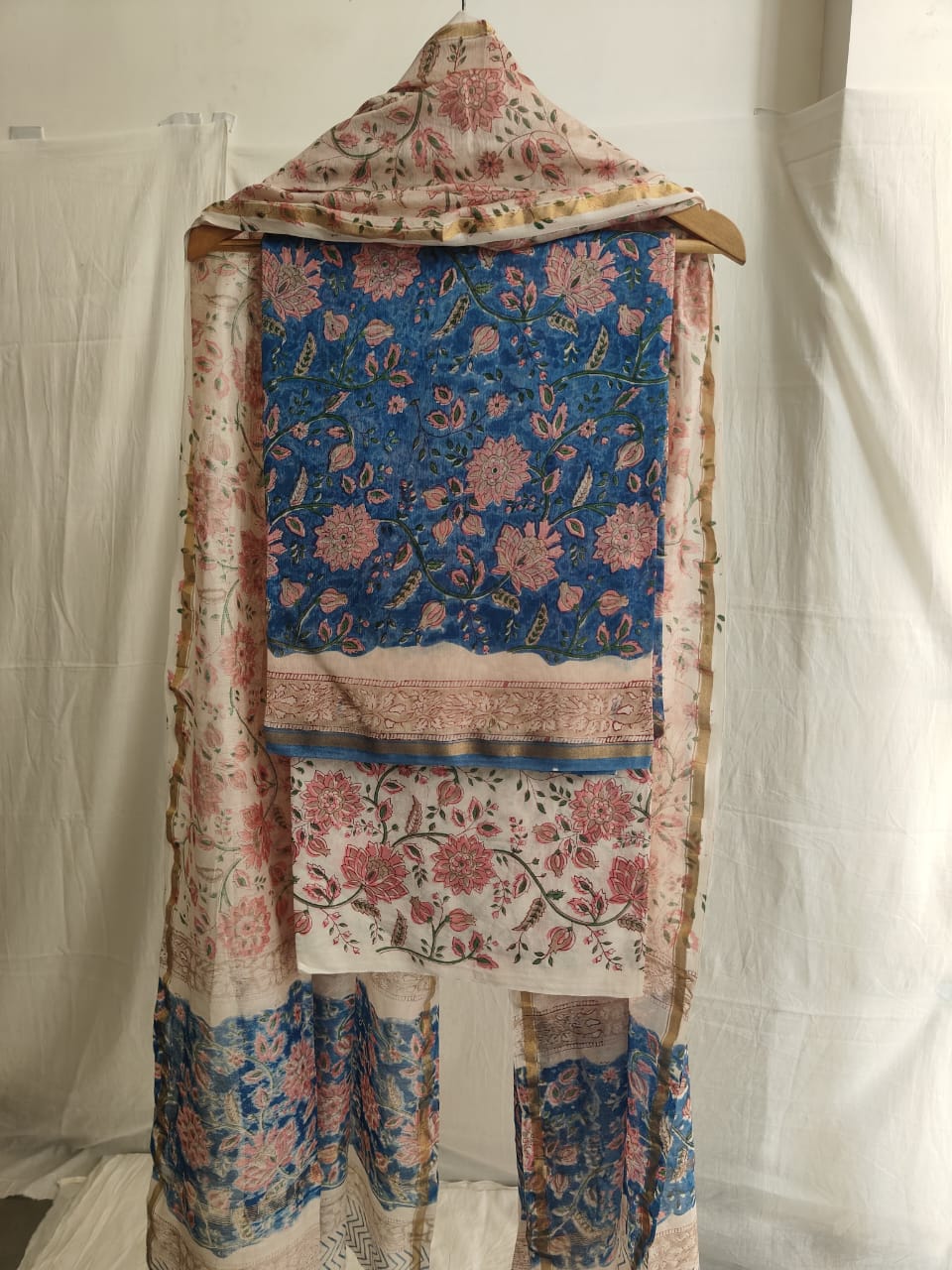 Hand Block Chanderi Silk Suit Material Set