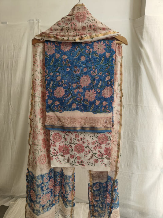 Hand Block Chanderi Silk Suit Material Set