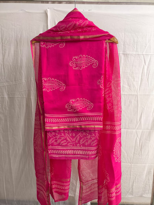 Hand Block Chanderi Silk Suit Material Set