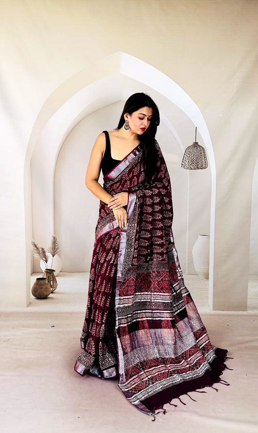 Natural Linen Saree with Eco-Friendly Vegetable Prints