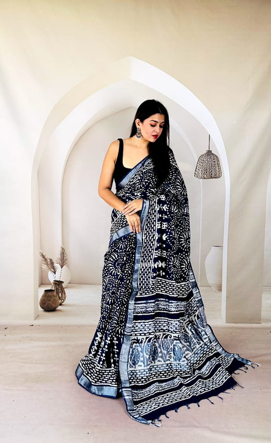 Artisanal Printed Linen Saree with Natural Dyes