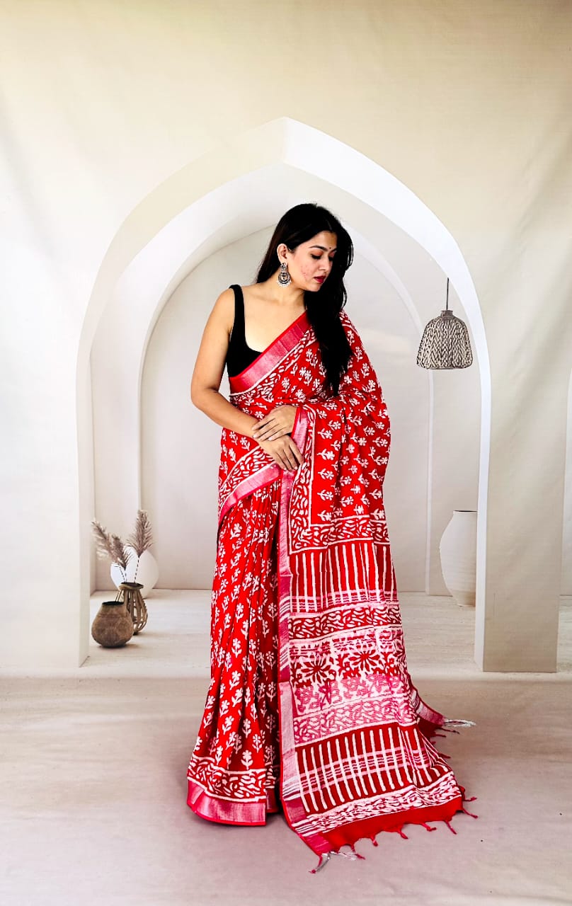 Soft Slub Linen Saree – Traditional Block Print Design