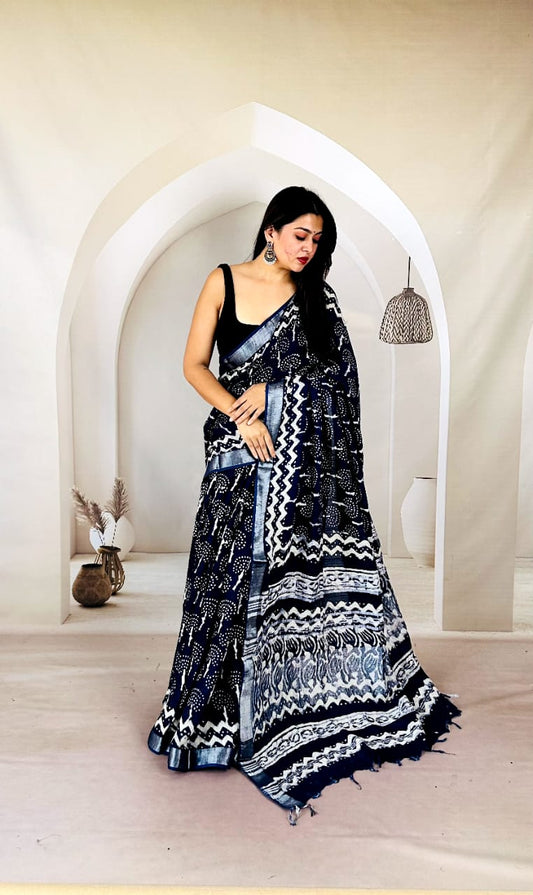 Elegant Soft Linen Saree with Handcrafted Prints
