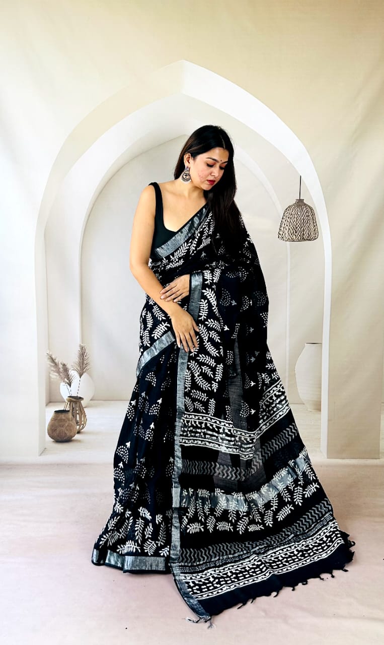 Traditional Bagru Print Linen Saree – 6.5 Meter with Blouse