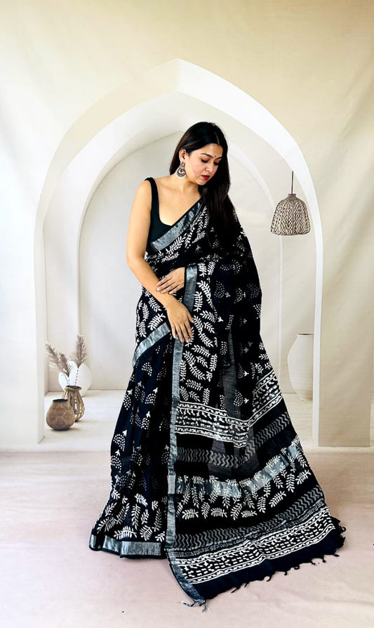 Traditional Bagru Print Linen Saree – 6.5 Meter with Blouse