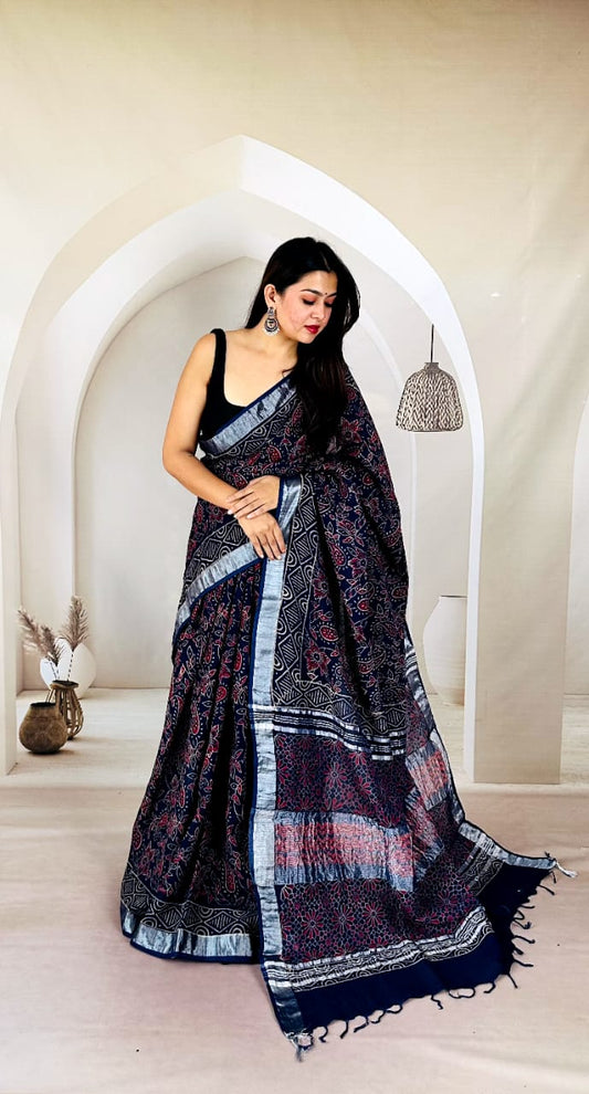 Block Printed Cotton Linen Saree for Office & Festive Wear