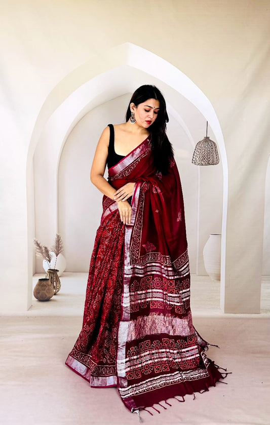 Handmade Linen Cotton Saree with Vegetable Print