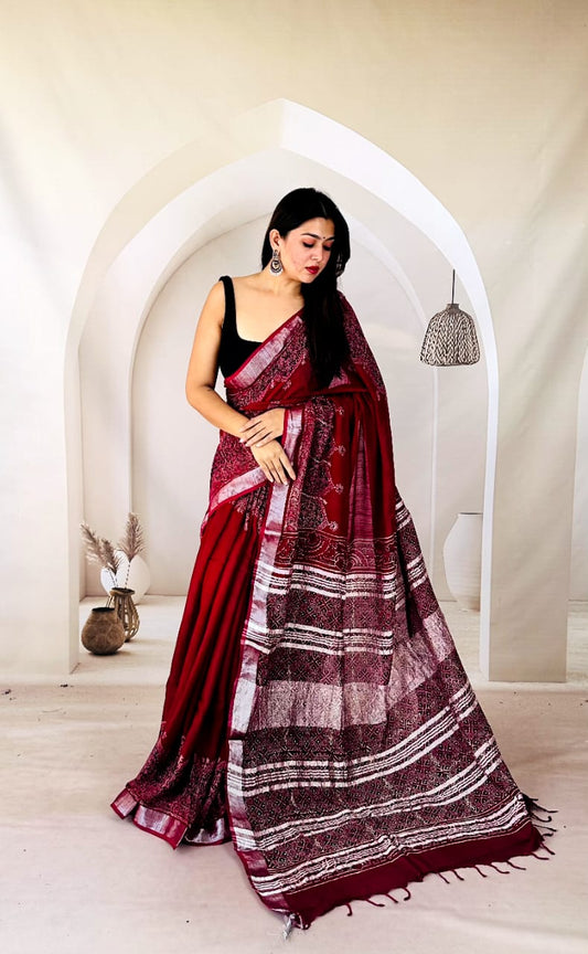 Hand Block Print Cotton Saree with Matching Blouse