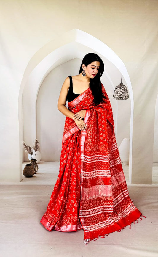 Pure Linen Saree with Traditional Hand Block Prints