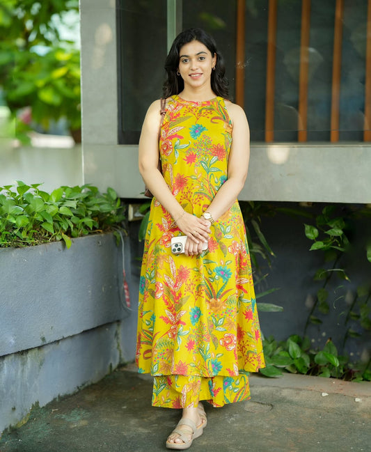 sleeveless yellow printed cotton kurta Palazzo set