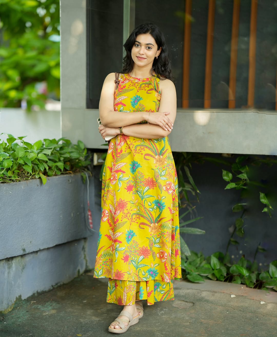 sleeveless yellow printed cotton kurta Palazzo set