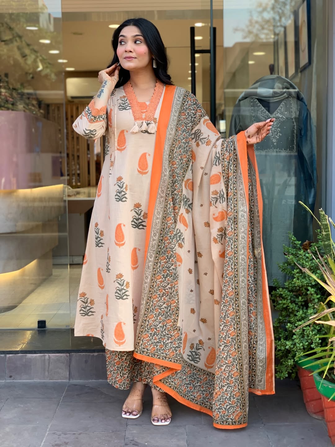 Designer A-Line Cotton Kurti Set with Palazzo & Dupatta