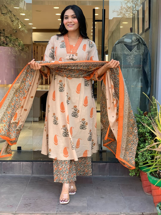 Designer A-Line Cotton Kurti Set with Palazzo & Dupatta
