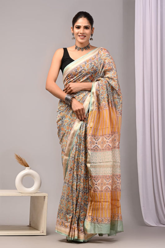 Hand block printed Maheswari silk sarees with blouse