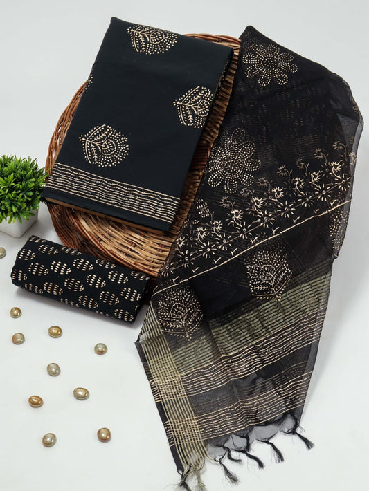 Black Color Cotton Suit with Fancy Organza Dupatta for Women