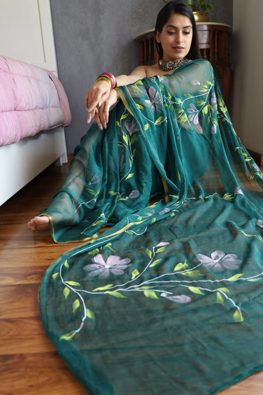 Lightweight Summer Chiffon Saree – Hand-Brushed Beauty & Zari Charm