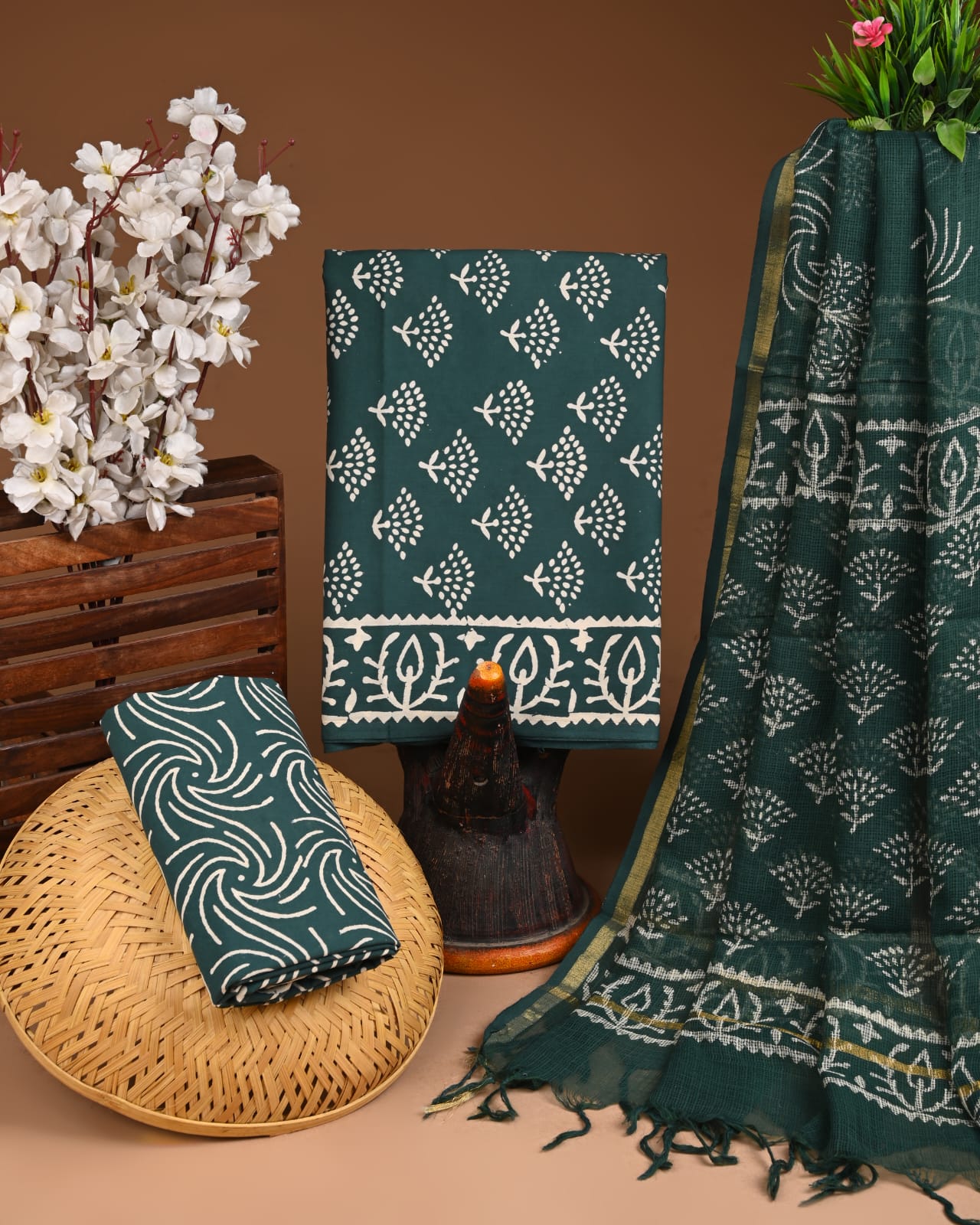 Green cotton suits buy online with kota doriya duptta