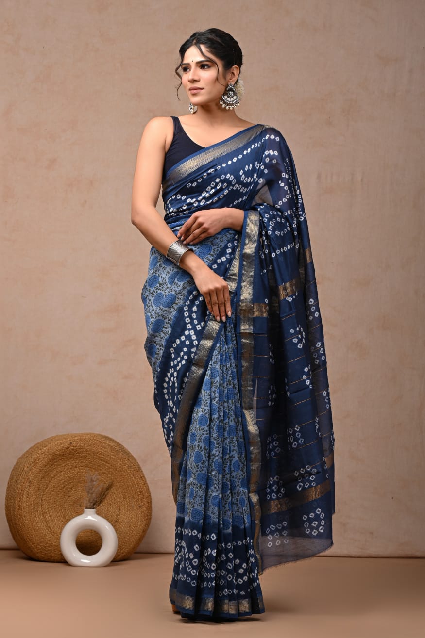 Hand block printed Maheswari silk sarees with blouse