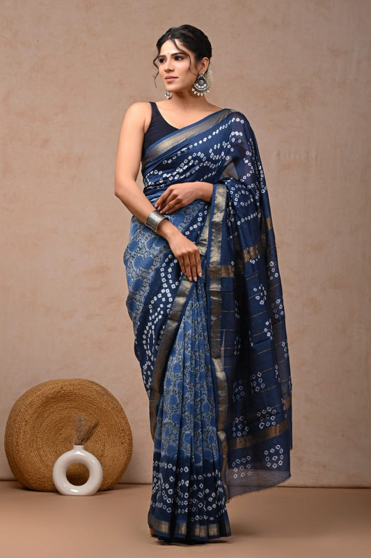 Hand block printed Maheswari silk sarees with blouse