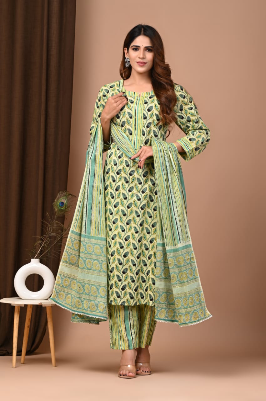 Green  Ajrakh Unstitched suit with Dupatta