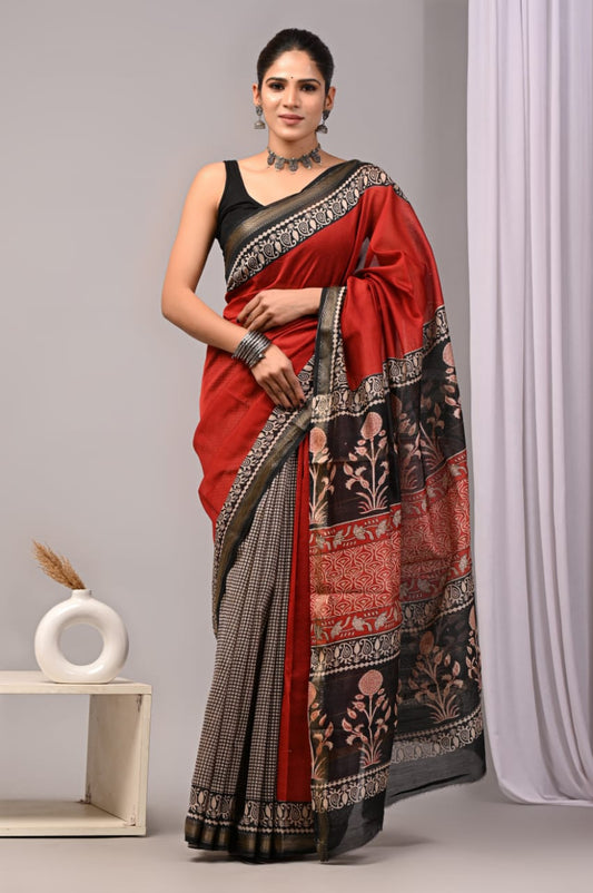 Handloom Brown Maheshwari Silk Saree with Blouse – Zari Border & Butta Design