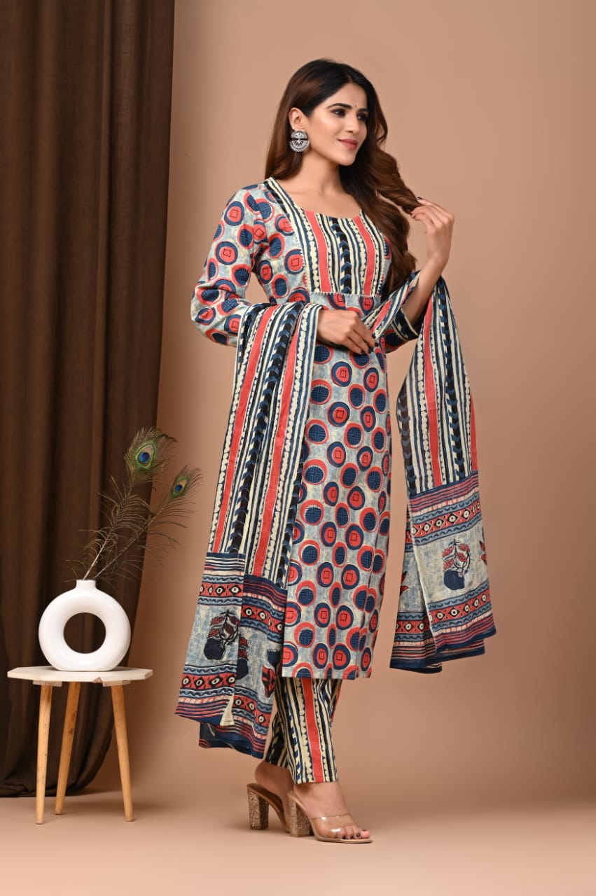 Ajrakh print cotton suit with dupatta