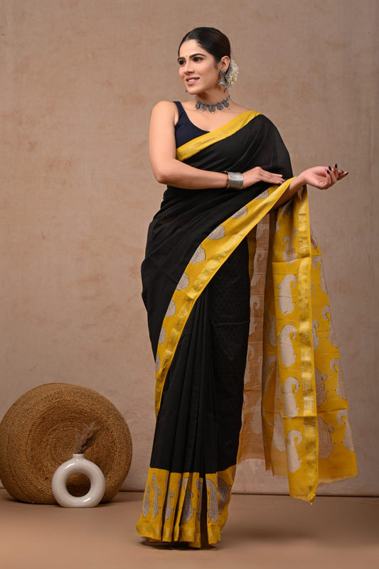 Hand block printed Black Maheshwari silk sarees with blouse
